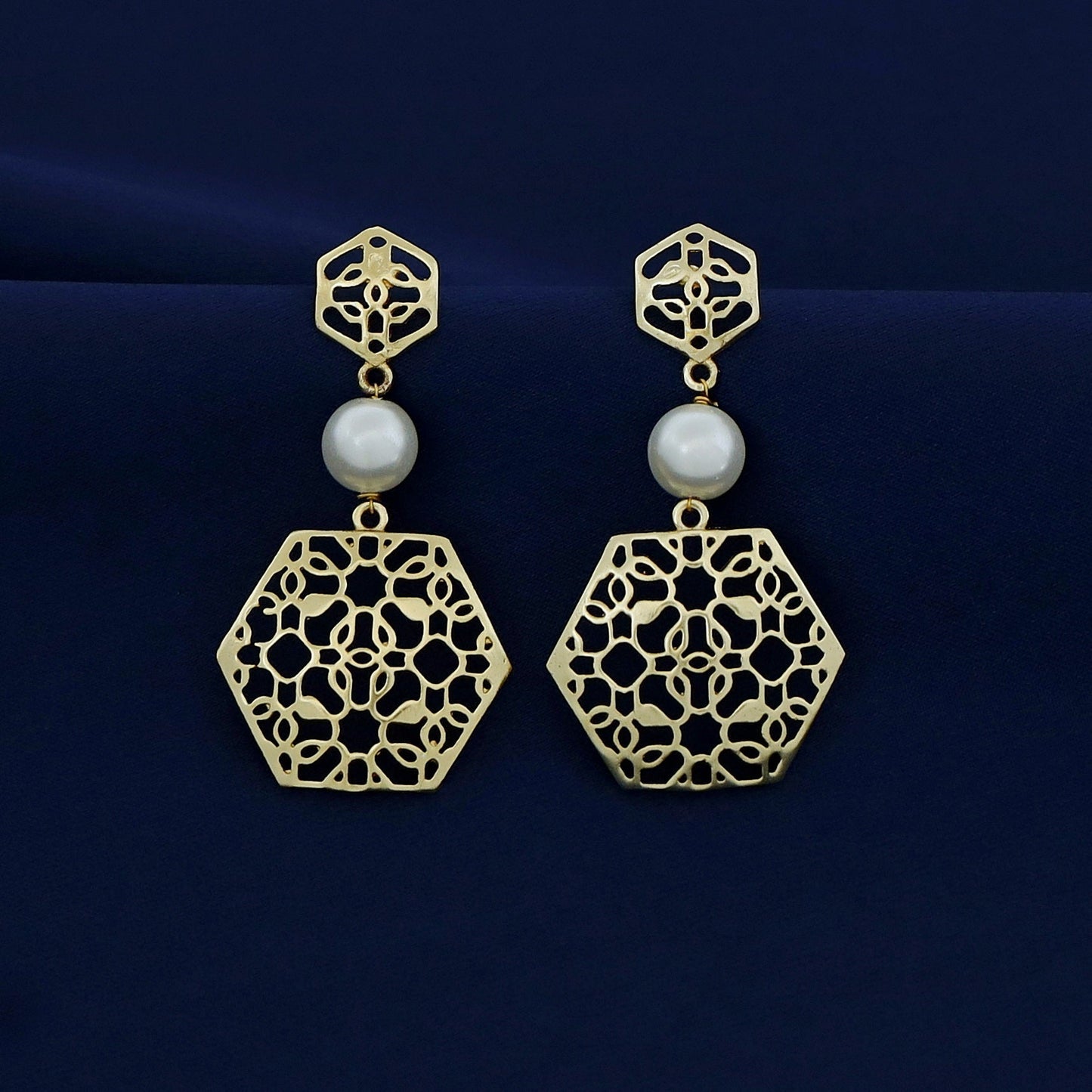 Golden Dual Hexagon Pearl Earring