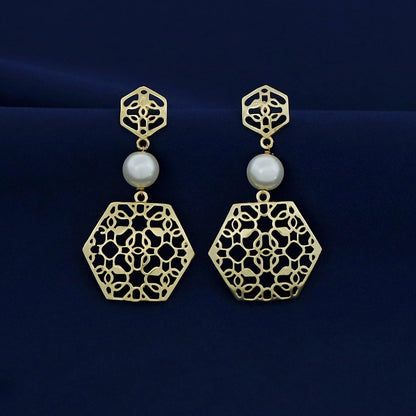 Golden Dual Hexagon Pearl Earring